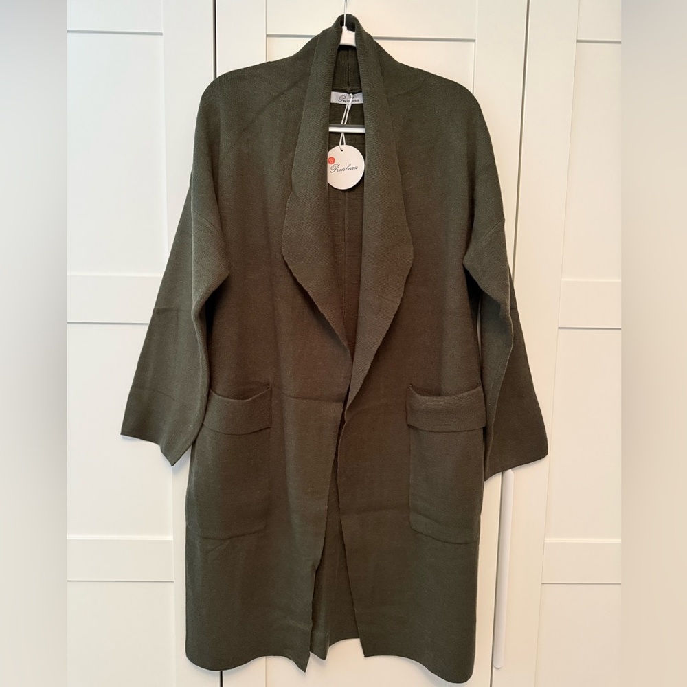 Olive Open-Front Eileen Fisher Look Alike Long Cardigan Coat NWT, XL